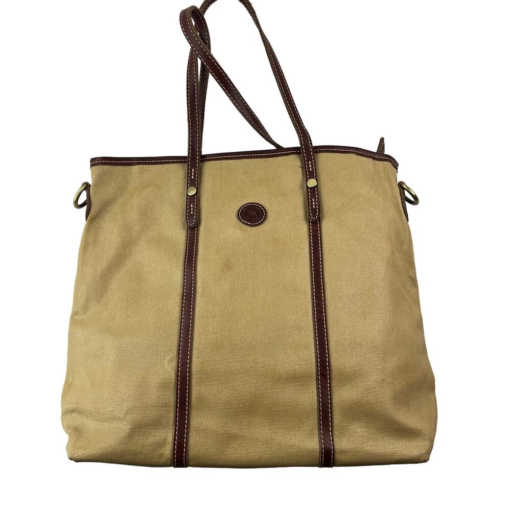 La Poet Canvas/Leather Tote Zip Shut Tan & Brown GUC